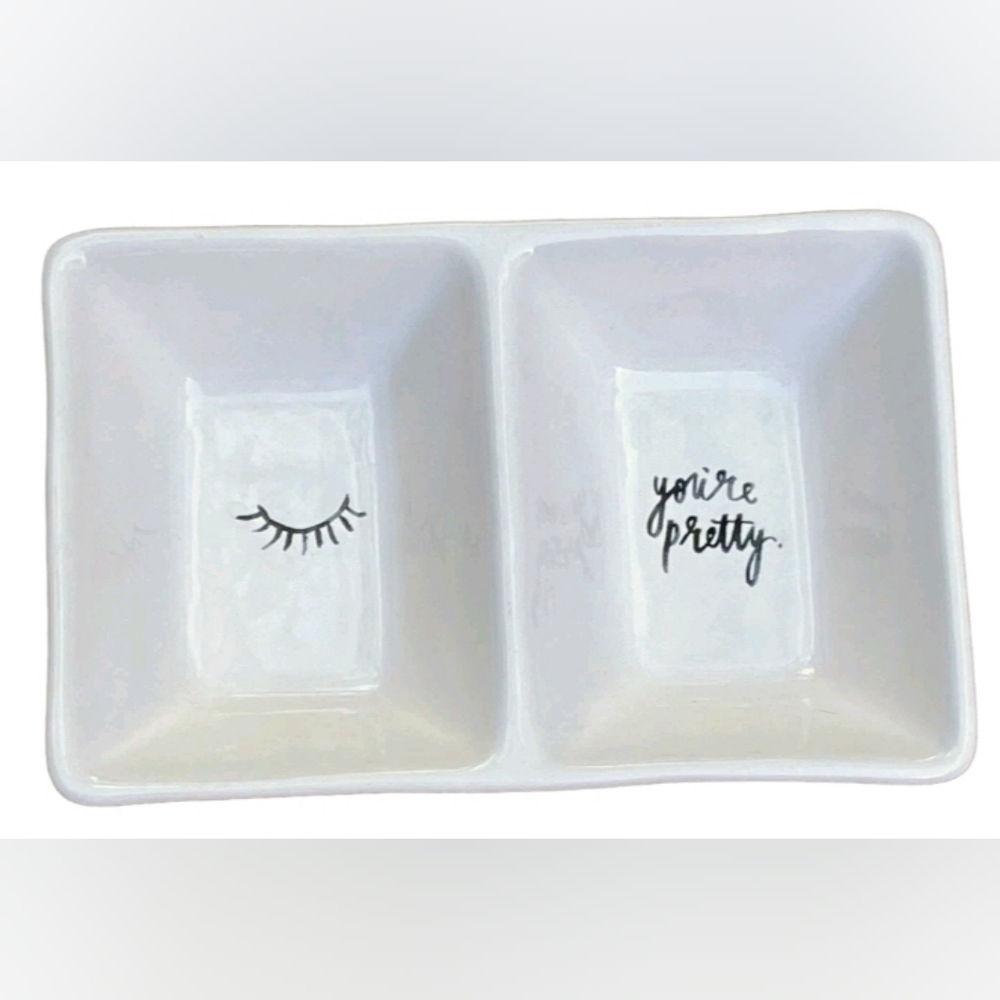 EUC Rae Dunn "You're Pretty" Divided Trinket Dish Wink Eye White Ceramic